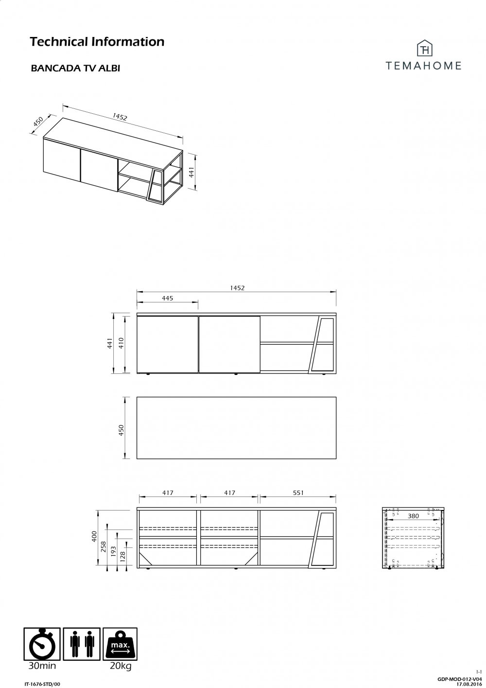 Meuble TV design ALBI en bois noyer/noir